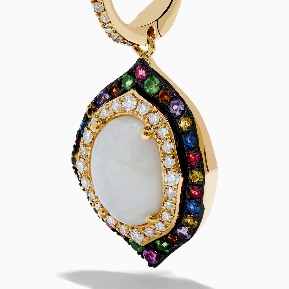 A pair of 14K yellow gold drop earrings featuring opals, pink tourmaline, multicolor sapphires, and diamonds—a stunning statement piece against a white background.