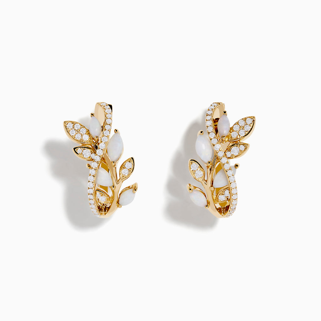Aurora 14K Yellow Gold Opal and Diamond Earrings, featuring leafy branch shapes with opals and diamonds set along the stems and leaves, displayed on a white background.