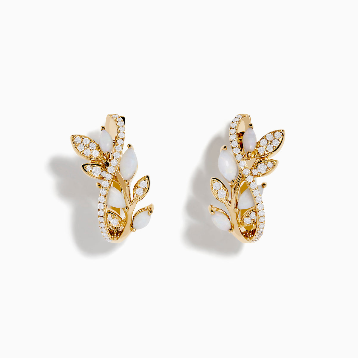 Aurora 14K Yellow Gold Opal and Diamond Earrings, featuring leafy branch shapes with opals and diamonds set along the stems and leaves, displayed on a white background.