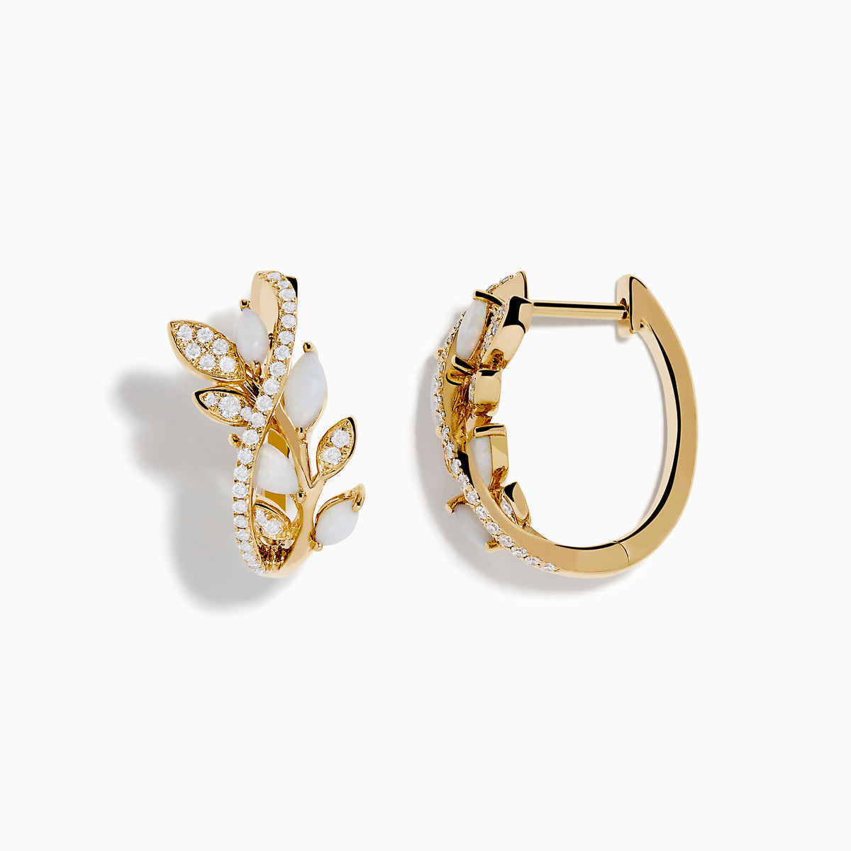 Aurora 14K Yellow Gold Opal and Diamond Earrings, featuring leafy branch shapes with opals and diamonds set along the stems and leaves, displayed on a white background.