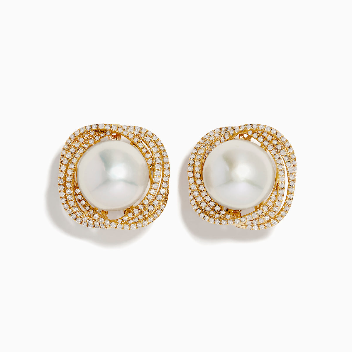 The 14K Yellow Gold Diamond Fresh Water Pearl Earrings showcase large freshwater pearls at the center, framed by sparkling diamonds in an elegant wavy square design, set against a white background.