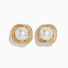 The 14K Yellow Gold Diamond Fresh Water Pearl Earrings showcase large freshwater pearls at the center, framed by sparkling diamonds in an elegant wavy square design, set against a white background.