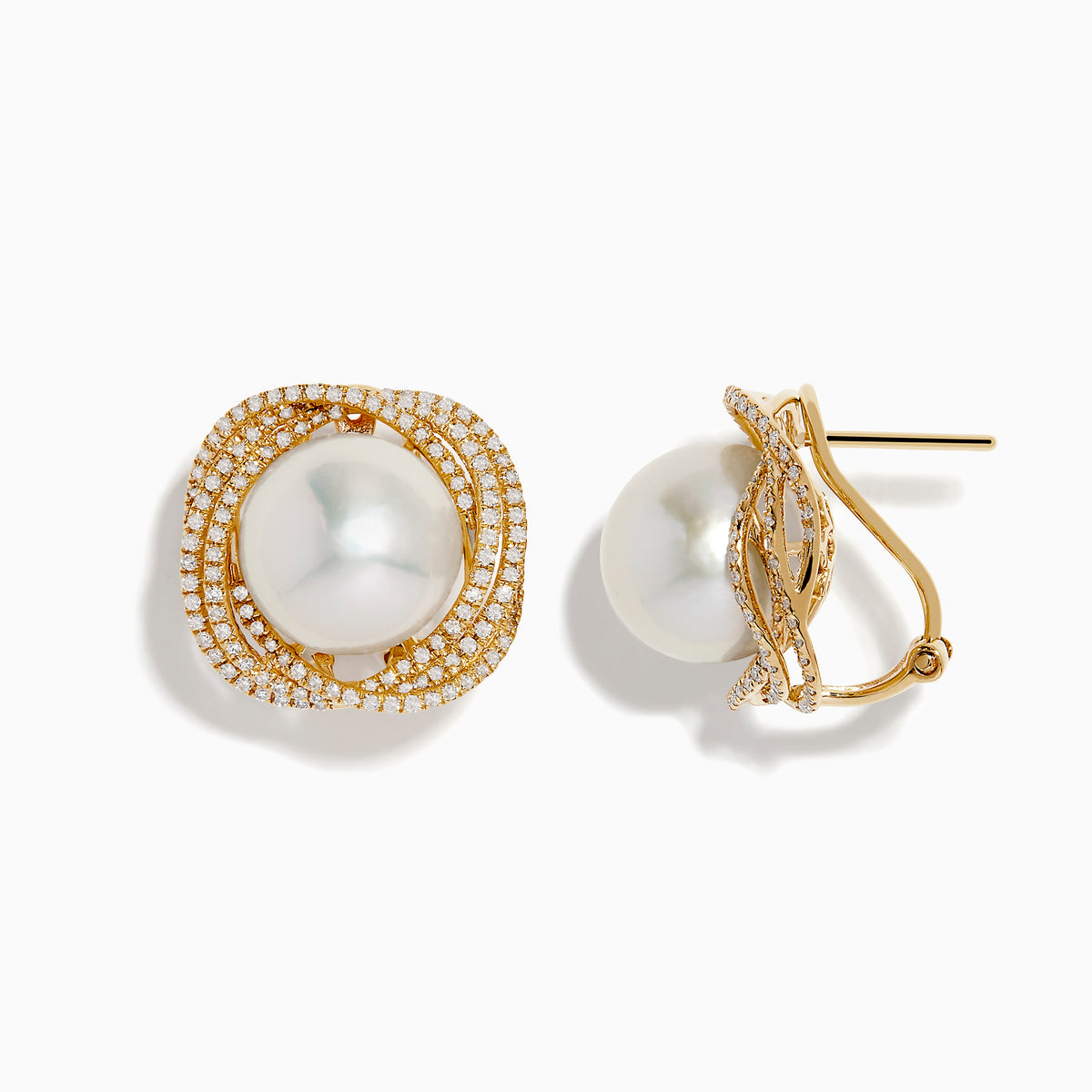 The 14K Yellow Gold Diamond Fresh Water Pearl Earrings showcase large freshwater pearls at the center, framed by sparkling diamonds in an elegant wavy square design, set against a white background.