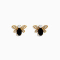 A pair of 14K Yellow Gold Black Onyx and Diamond Bee Stud Earrings is shown on a white background.