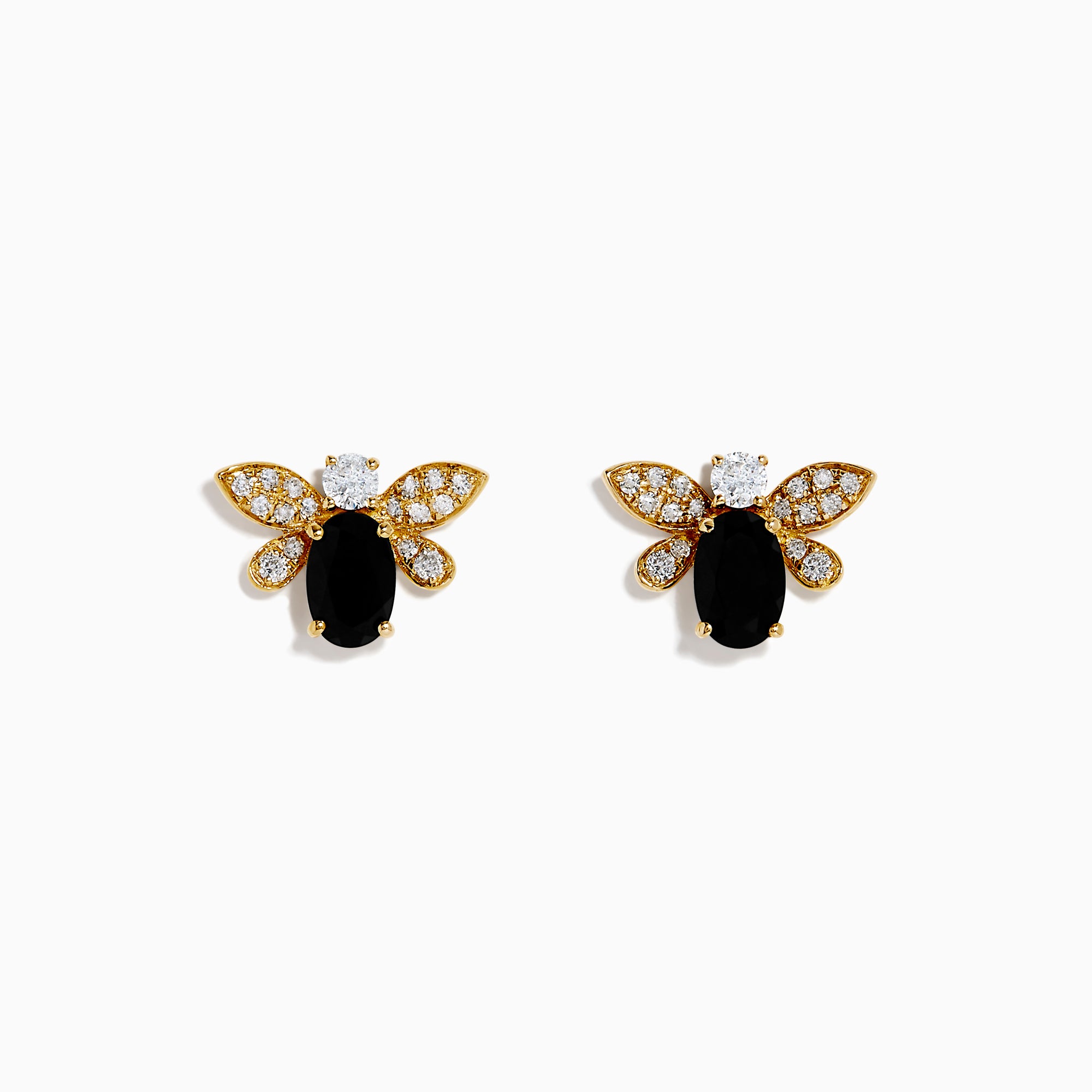 A pair of 14K Yellow Gold Black Onyx and Diamond Bee Stud Earrings is shown on a white background.