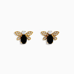 A pair of 14K Yellow Gold Black Onyx and Diamond Bee Stud Earrings is shown on a white background.