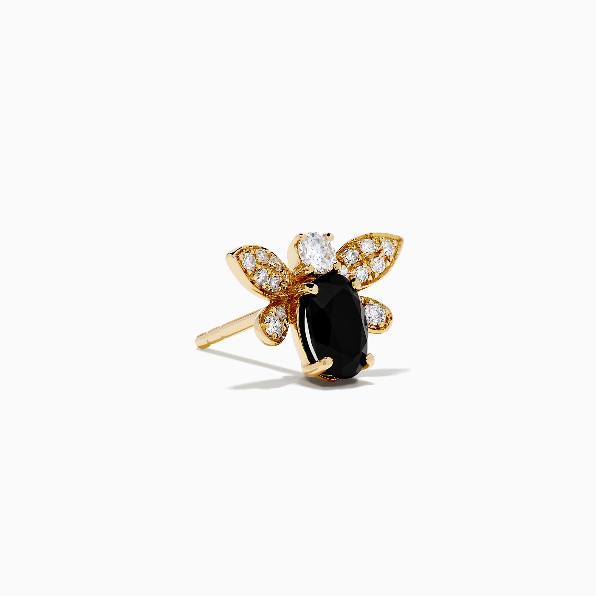 A pair of 14K Yellow Gold Black Onyx and Diamond Bee Stud Earrings is shown on a white background.