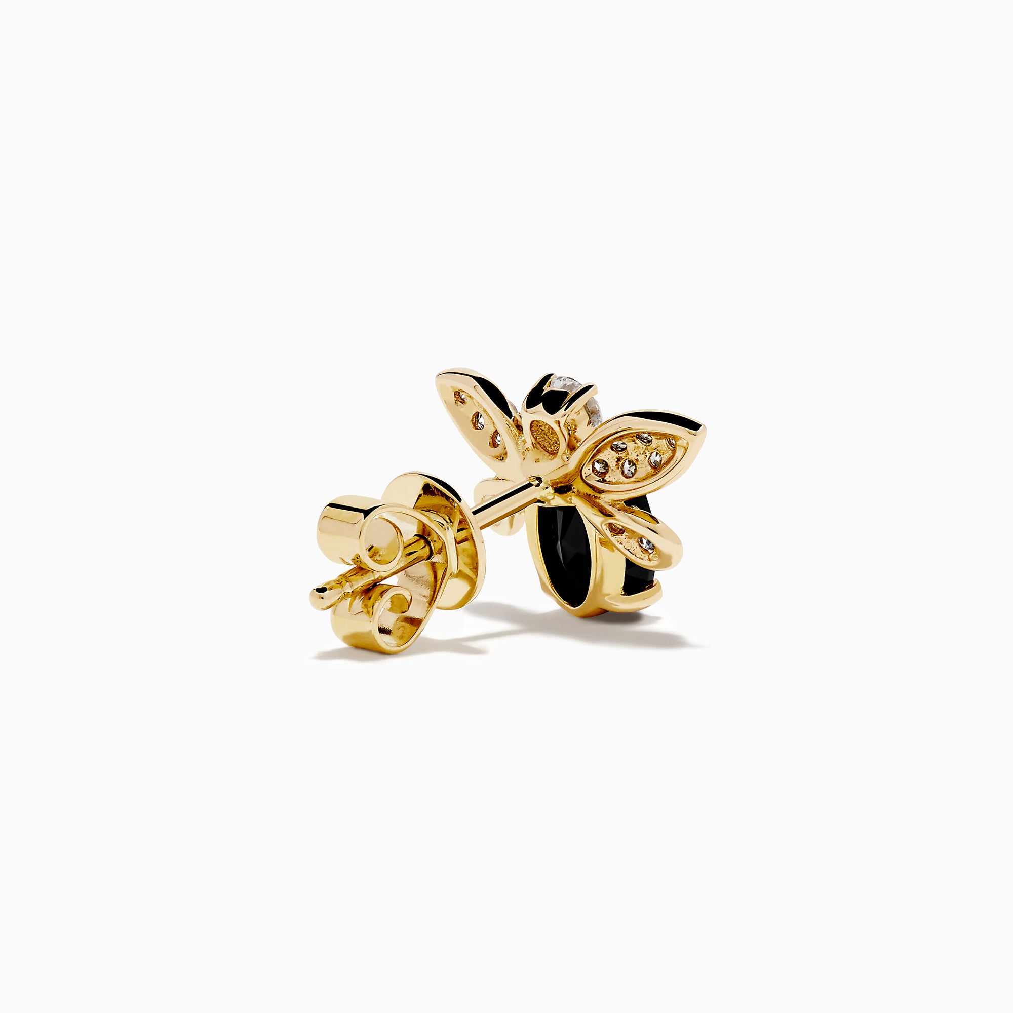 A pair of 14K Yellow Gold Black Onyx and Diamond Bee Stud Earrings is shown on a white background.