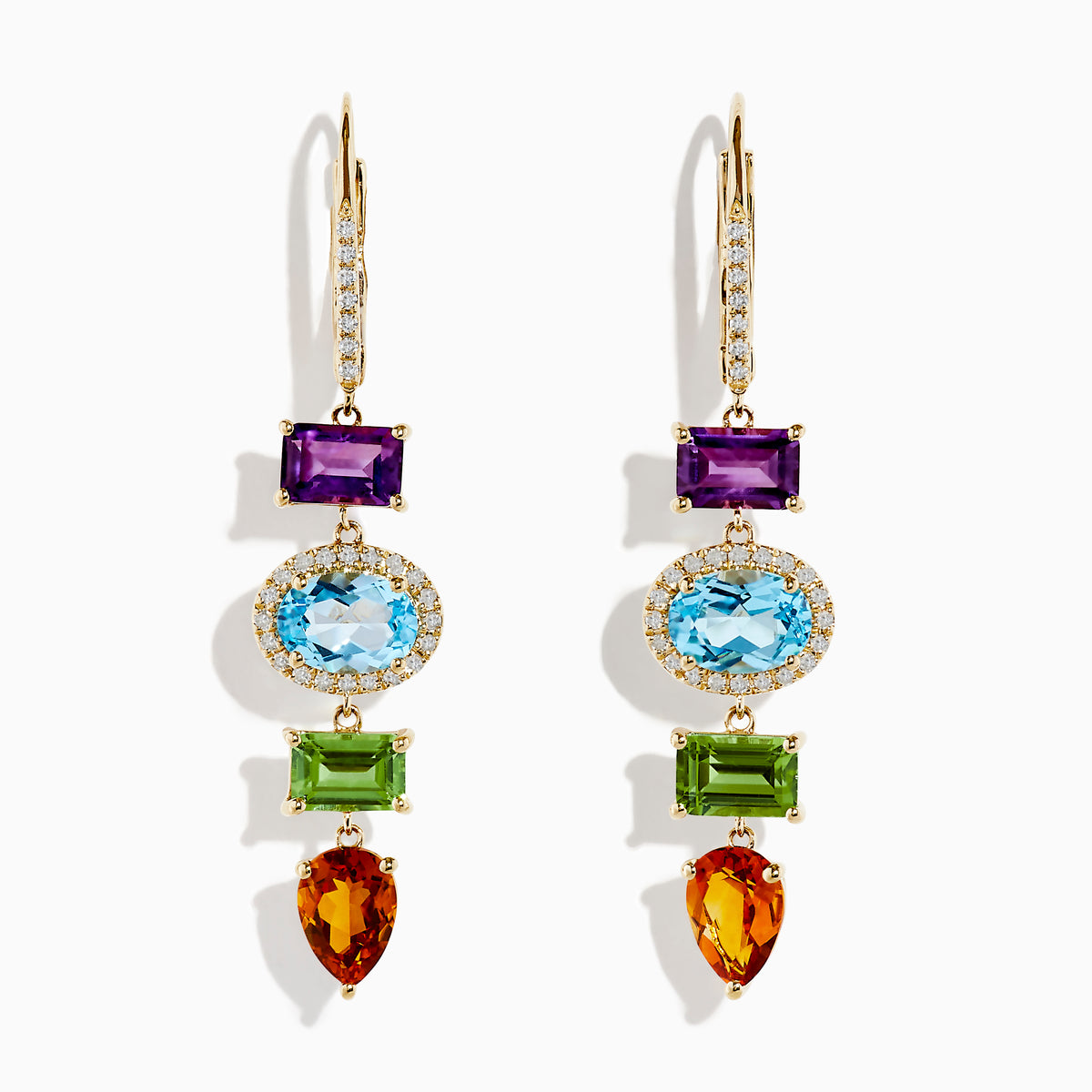 The Mosaic 14K Yellow Gold Diamond and Multi Stone Drop Earrings feature vibrant purple, blue, green, and orange gemstones in various shapes with diamonds outlining the blue stones and hooks for a striking look.