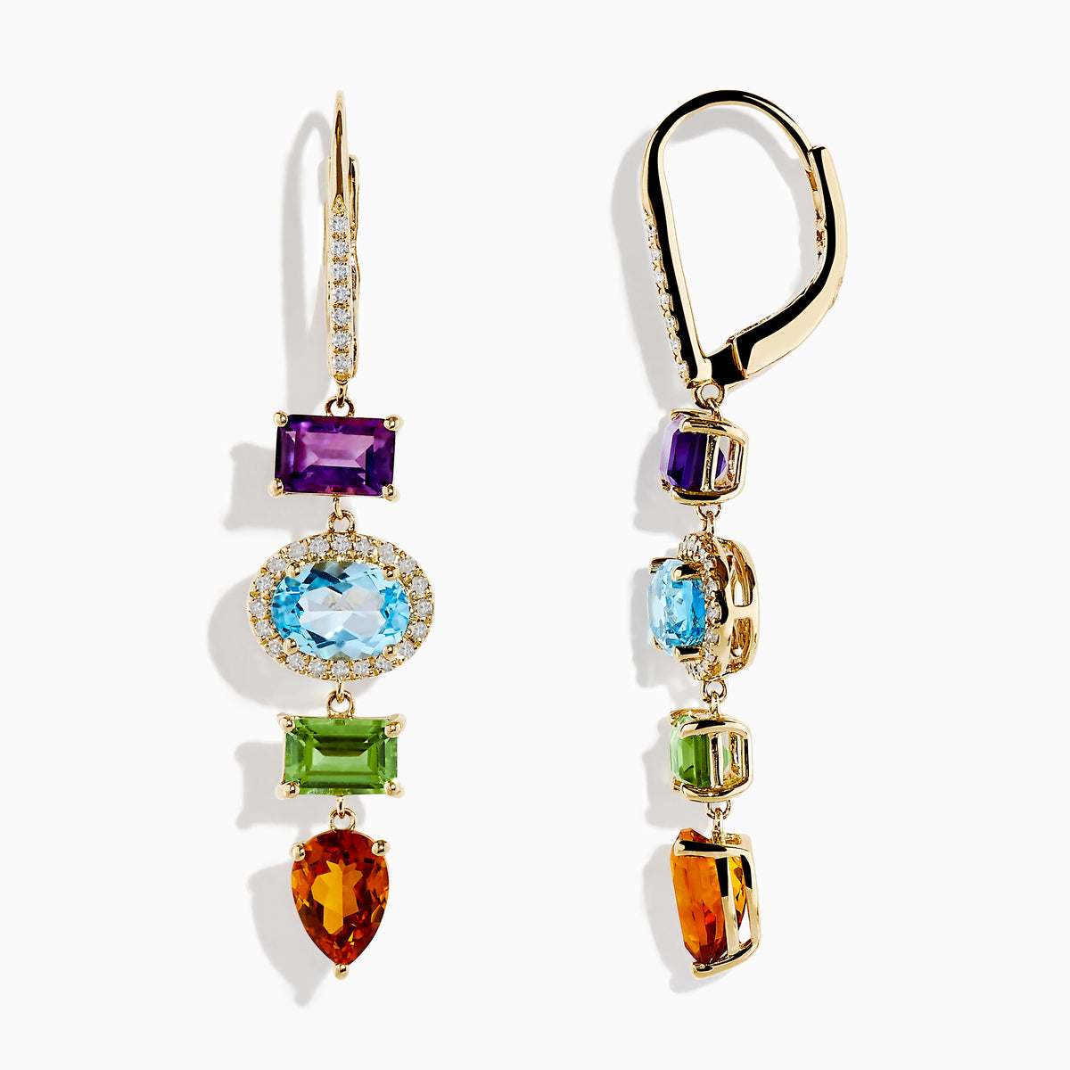 The Mosaic 14K Yellow Gold Diamond and Multi Stone Drop Earrings feature vibrant purple, blue, green, and orange gemstones in various shapes with diamonds outlining the blue stones and hooks for a striking look.