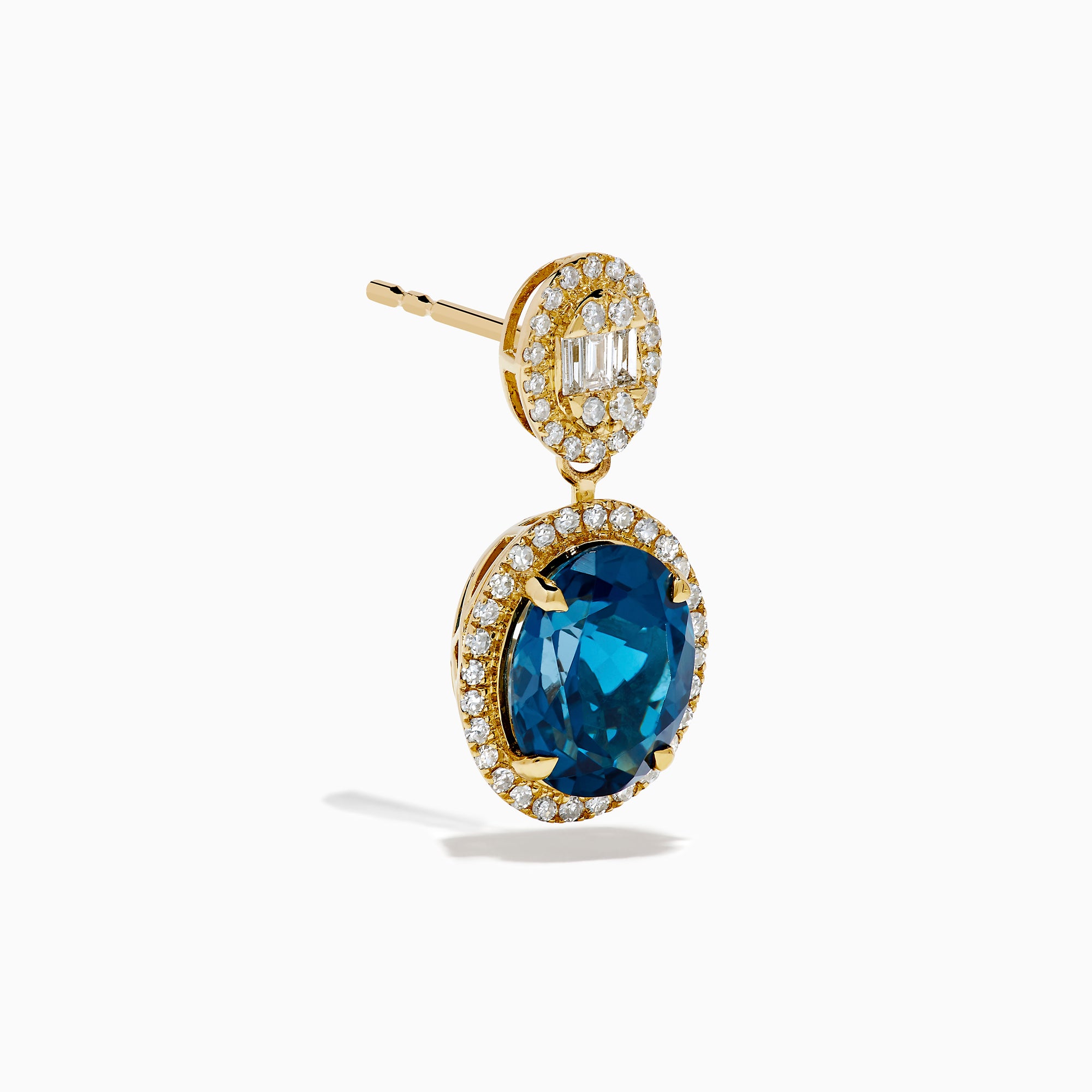 The 14K Yellow Gold Blue Topaz and Diamond Oval Drop Earrings feature large oval blue topaz gemstones encircled by white diamonds, with a sparkling diamond cluster above each stone for an elegant drop design.