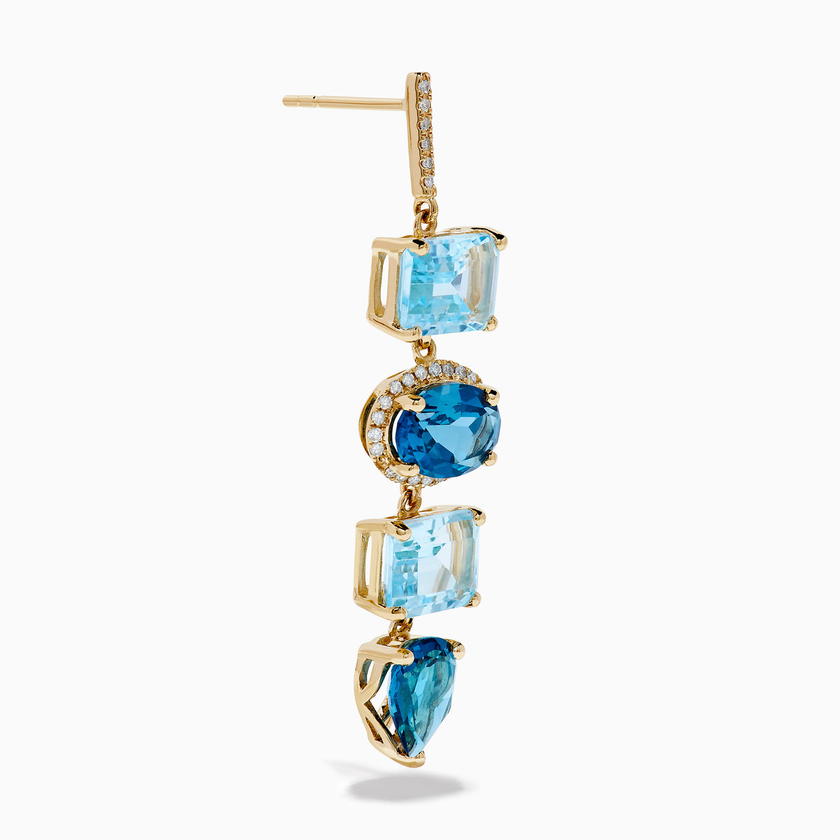 The 14K Yellow Gold Blue Topaz and Diamond Drop Earrings feature square and teardrop blue topaz gems, accented by sparkling diamonds for a layered, elegant look.
