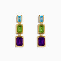 The Mosaic 14K Yellow Gold Multi Gemstone and Diamond Drop Earrings showcase vertically stacked rectangular blue, green, and purple stones, each separated by sparkling diamonds.