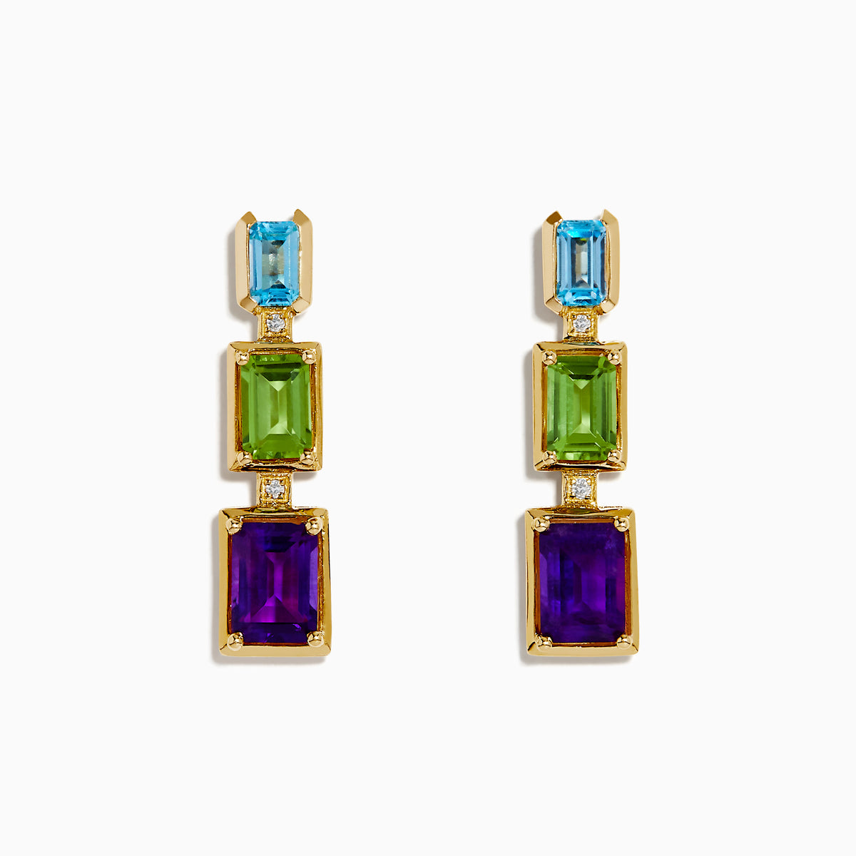 The Mosaic 14K Yellow Gold Multi Gemstone and Diamond Drop Earrings showcase vertically stacked rectangular blue, green, and purple stones, each separated by sparkling diamonds.