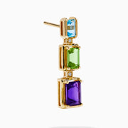 The Mosaic 14K Yellow Gold Multi Gemstone and Diamond Drop Earrings showcase vertically stacked rectangular blue, green, and purple stones, each separated by sparkling diamonds.