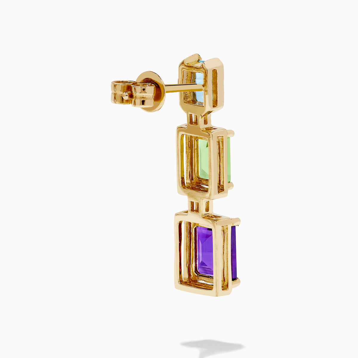 The Mosaic 14K Yellow Gold Multi Gemstone and Diamond Drop Earrings showcase vertically stacked rectangular blue, green, and purple stones, each separated by sparkling diamonds.
