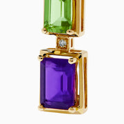The Mosaic 14K Yellow Gold Multi Gemstone and Diamond Drop Earrings showcase vertically stacked rectangular blue, green, and purple stones, each separated by sparkling diamonds.