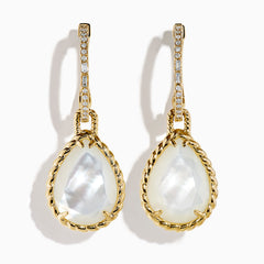 The 14K Yellow Gold Mother of Pearl and Diamond Dangle Earrings feature teardrop-shaped iridescent mother of pearl framed in twisted gold with diamond accents and elegant 14K yellow gold hooks.