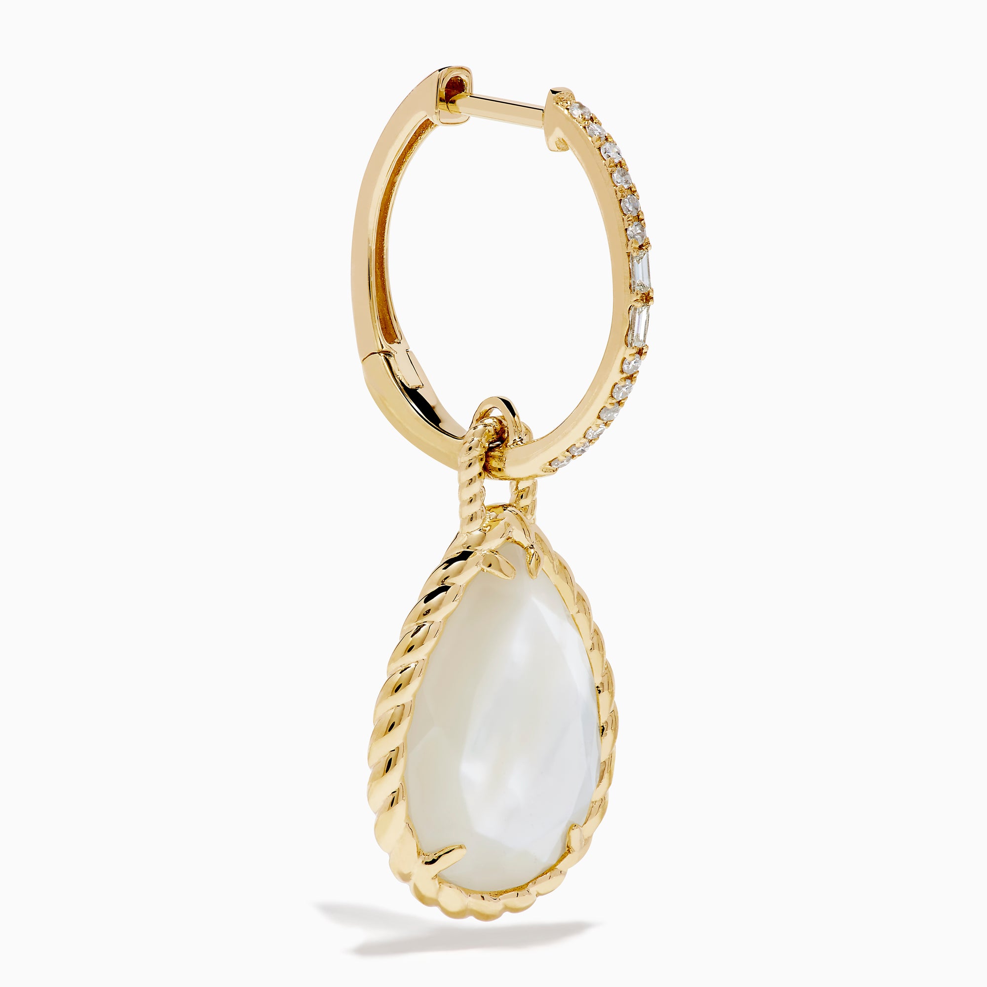 The 14K Yellow Gold Mother of Pearl and Diamond Dangle Earrings feature teardrop-shaped iridescent mother of pearl framed in twisted gold with diamond accents and elegant 14K yellow gold hooks.