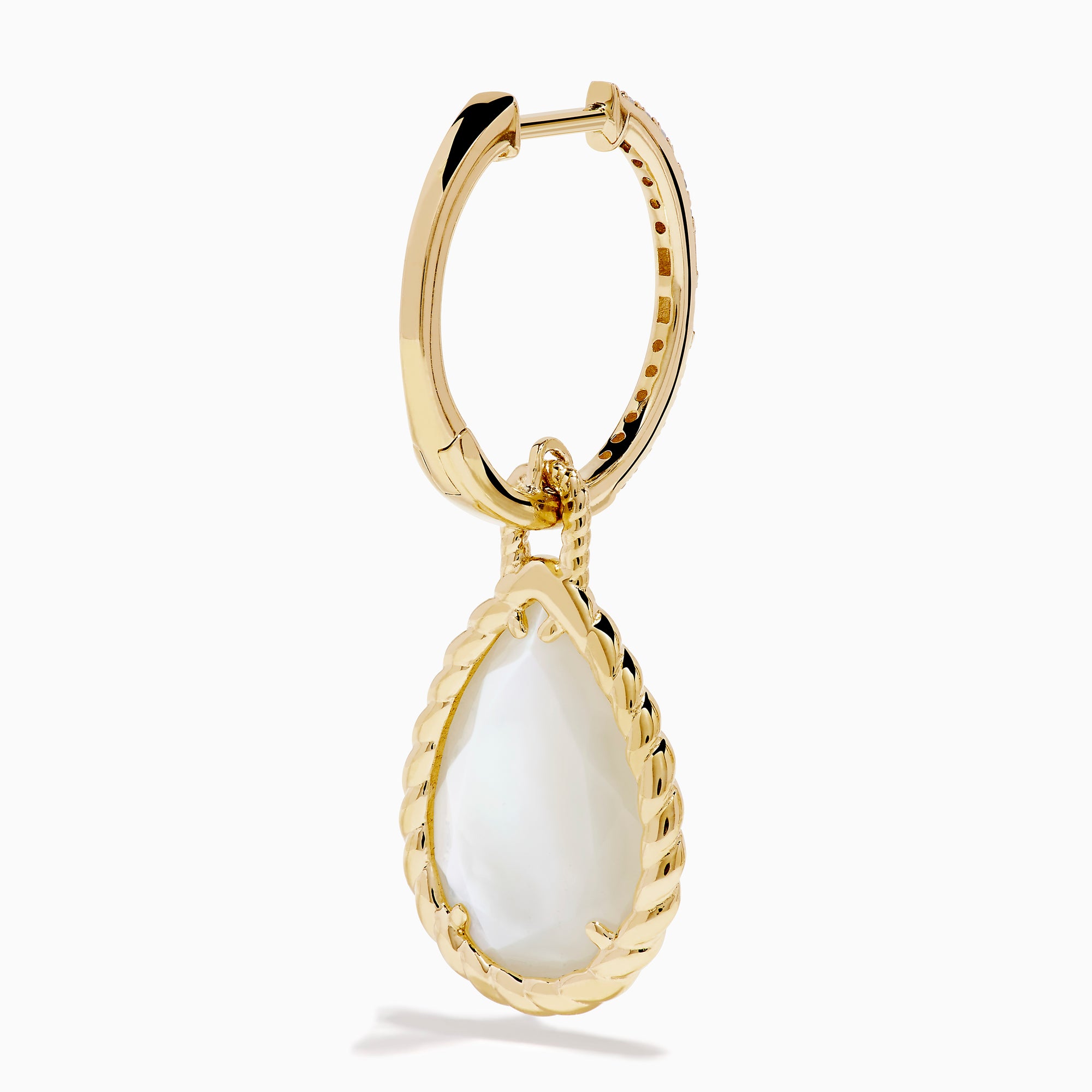 The 14K Yellow Gold Mother of Pearl and Diamond Dangle Earrings feature teardrop-shaped iridescent mother of pearl framed in twisted gold with diamond accents and elegant 14K yellow gold hooks.