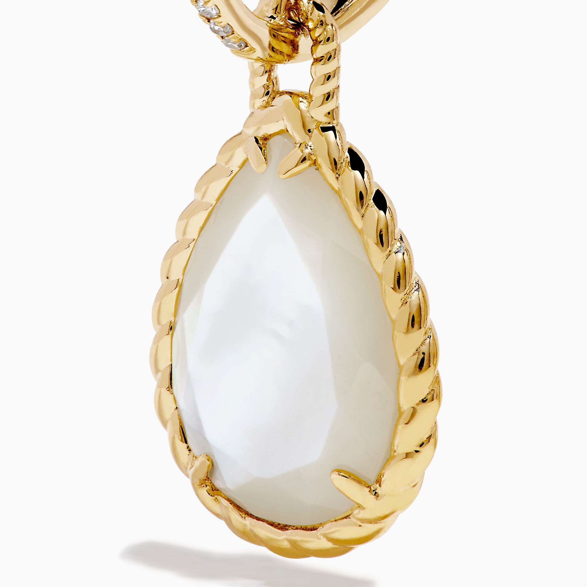 The 14K Yellow Gold Mother of Pearl and Diamond Dangle Earrings feature teardrop-shaped iridescent mother of pearl framed in twisted gold with diamond accents and elegant 14K yellow gold hooks.