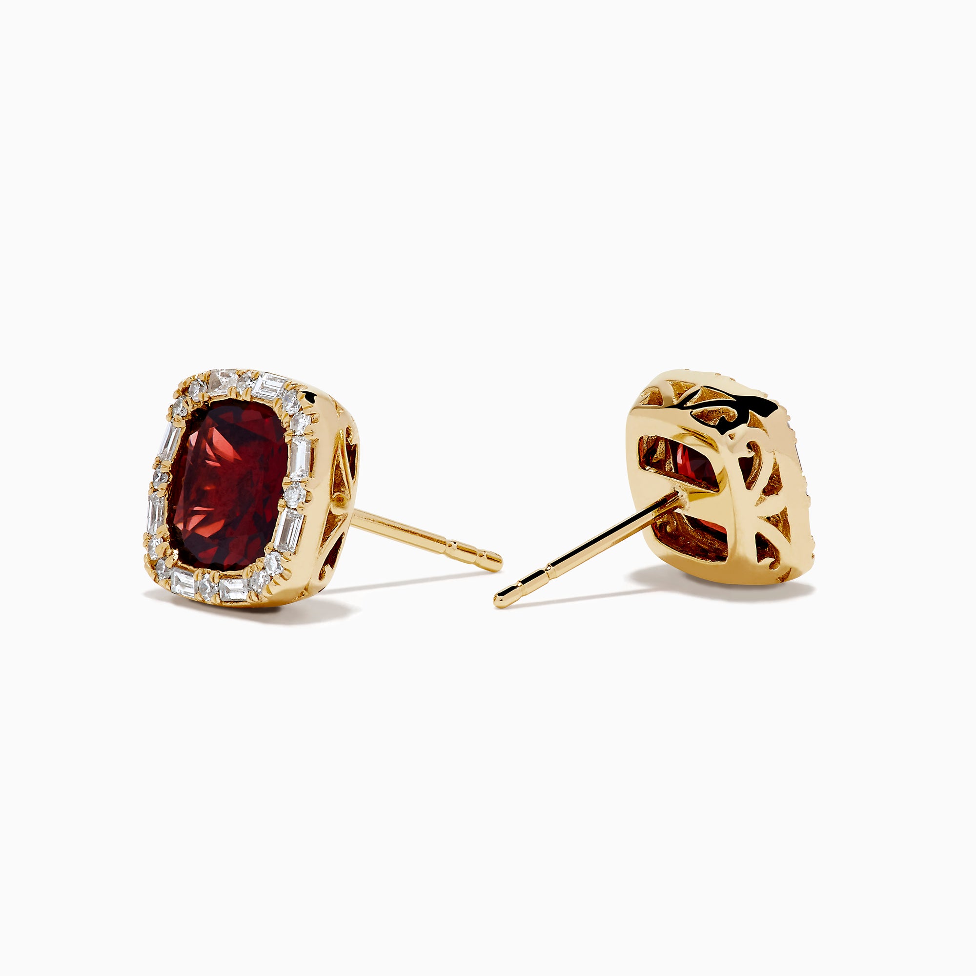14K Yellow Gold Garnet and Diamond Cushion Halo Stud Earrings