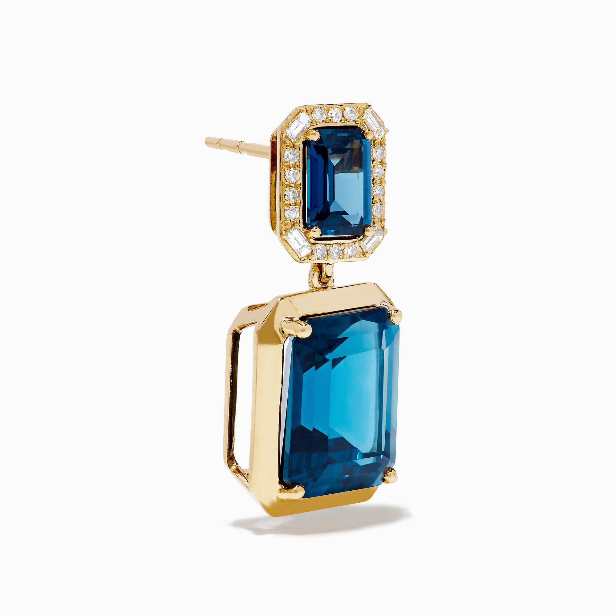 14K Yellow Gold Emerald-Cut Blue Topaz and Diamond Drop Earrings feature large rectangular blue topaz stones topped with smaller gems, both outlined by sparkling clear diamonds, displayed on a white background.