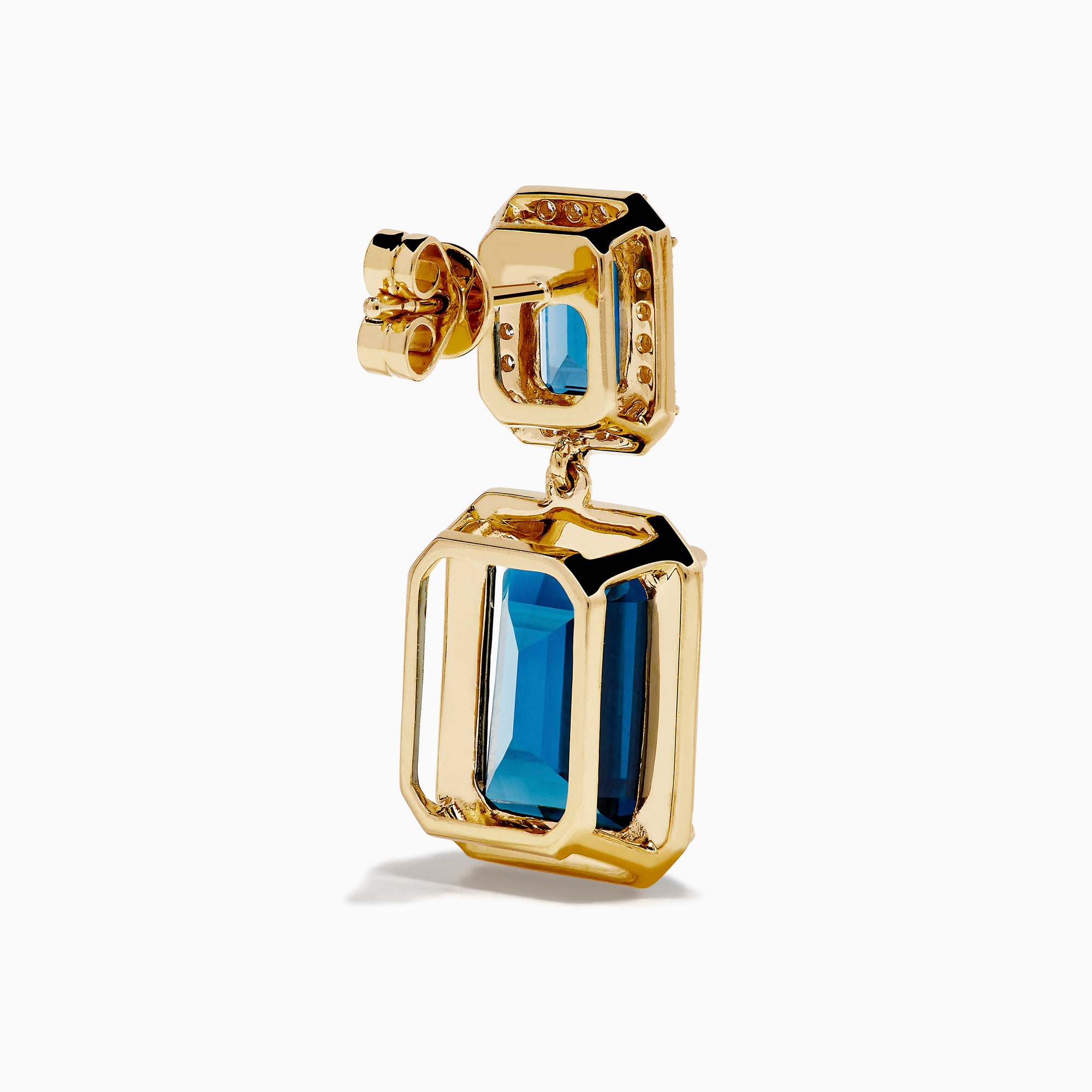 14K Yellow Gold Emerald-Cut Blue Topaz and Diamond Drop Earrings feature large rectangular blue topaz stones topped with smaller gems, both outlined by sparkling clear diamonds, displayed on a white background.
