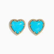 The 14K Yellow Gold Turquoise and Diamond Heart Earrings feature heart-shaped turquoise accented by a border of sparkling diamonds, all set in yellow gold and displayed on a white background.