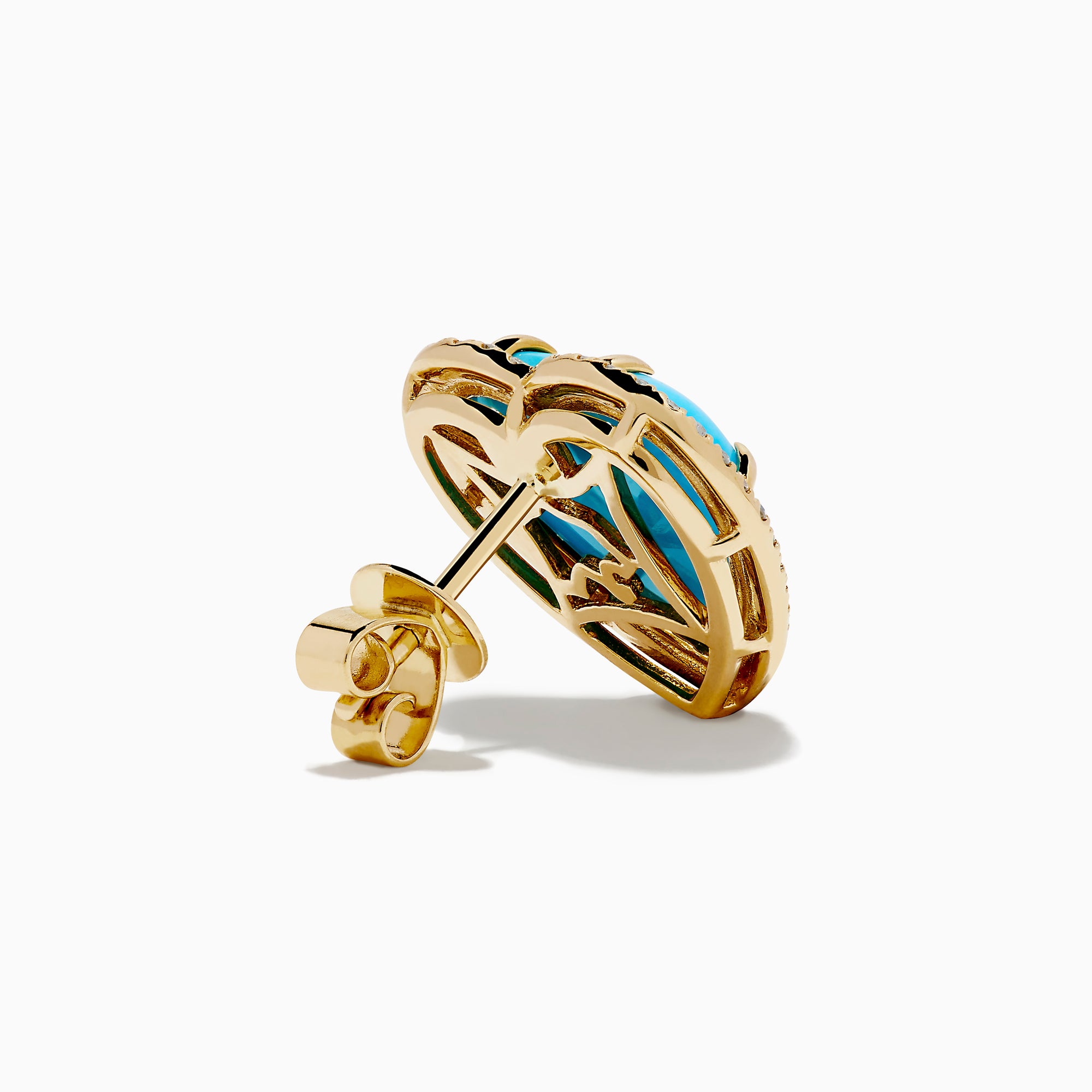 The 14K Yellow Gold Turquoise and Diamond Heart Earrings feature heart-shaped turquoise accented by a border of sparkling diamonds, all set in yellow gold and displayed on a white background.