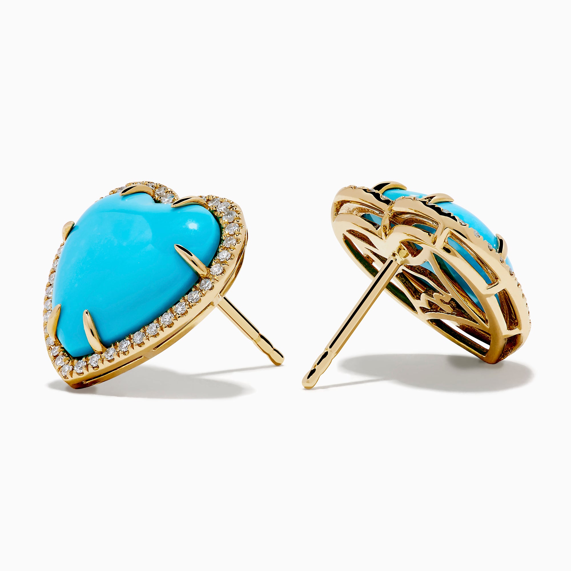 The 14K Yellow Gold Turquoise and Diamond Heart Earrings feature heart-shaped turquoise accented by a border of sparkling diamonds, all set in yellow gold and displayed on a white background.