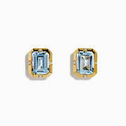 A pair of 14K Yellow Gold Bezel Set Aquamarine and Diamond Stud Earrings showcasing large emerald-cut light blue aquamarines and small round diamond accents at each corner, presented against a white background.