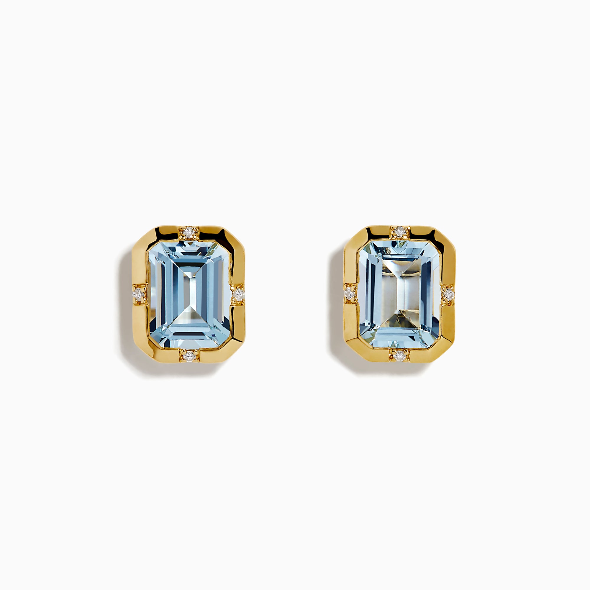 A pair of 14K Yellow Gold Bezel Set Aquamarine and Diamond Stud Earrings showcasing large emerald-cut light blue aquamarines and small round diamond accents at each corner, presented against a white background.