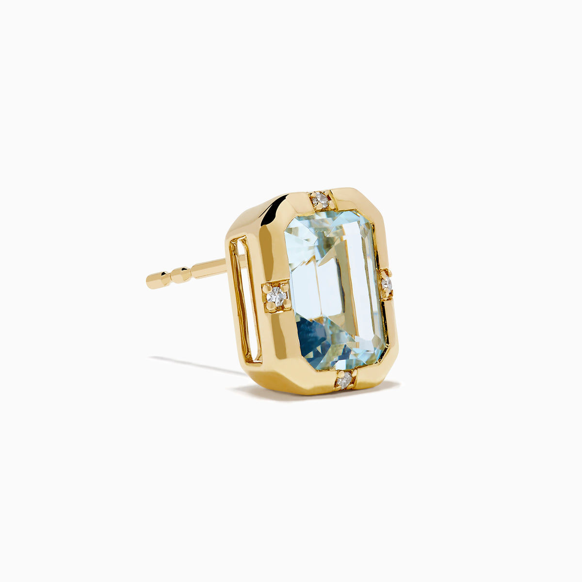 A pair of 14K Yellow Gold Bezel Set Aquamarine and Diamond Stud Earrings showcasing large emerald-cut light blue aquamarines and small round diamond accents at each corner, presented against a white background.