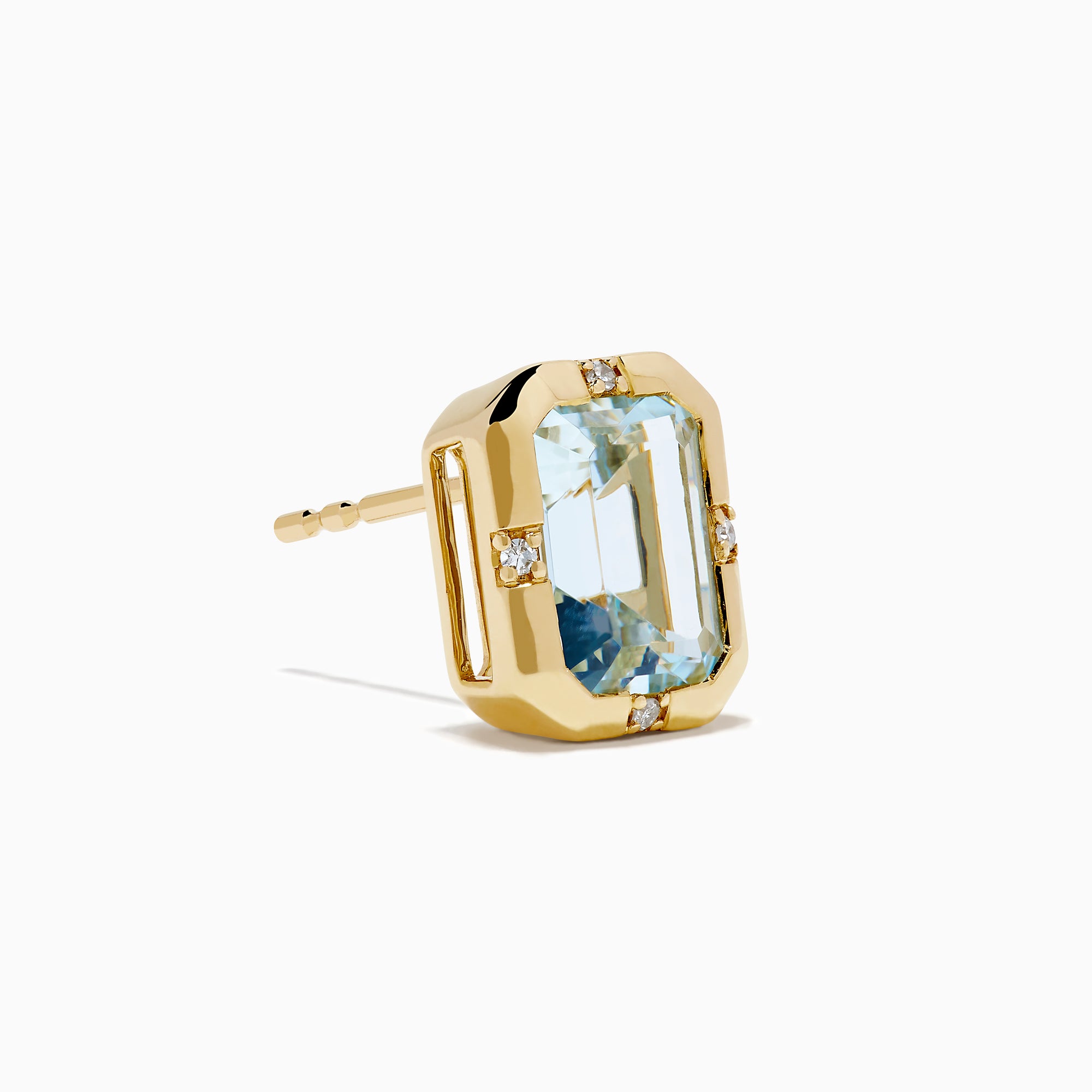 A pair of 14K Yellow Gold Bezel Set Aquamarine and Diamond Stud Earrings showcasing large emerald-cut light blue aquamarines and small round diamond accents at each corner, presented against a white background.