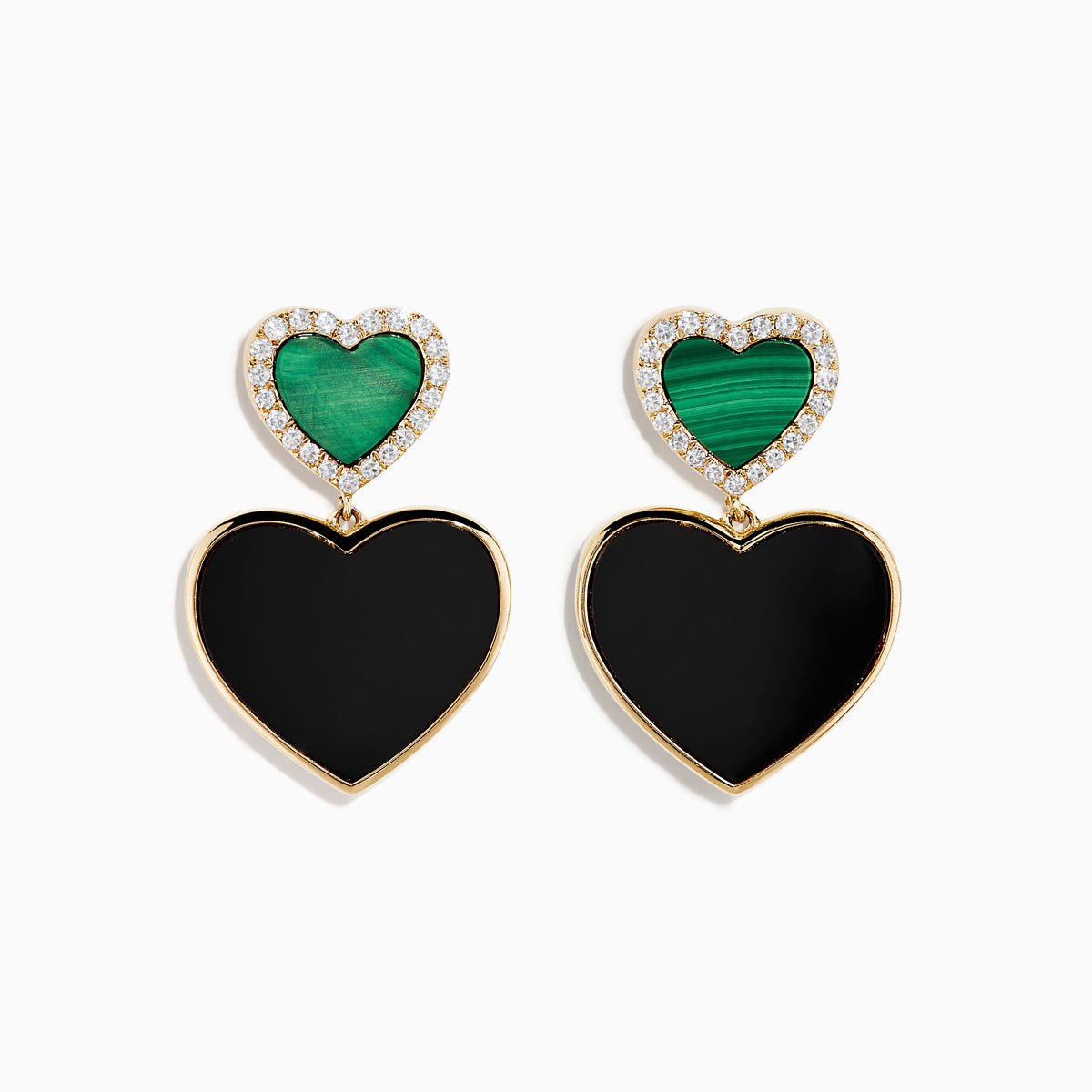 The 14K Yellow Gold Onyx, Malachite and Diamond Heart Dangle Earrings showcase small green malachite hearts with diamond accents above larger black onyx hearts, all set in elegant yellow gold.
