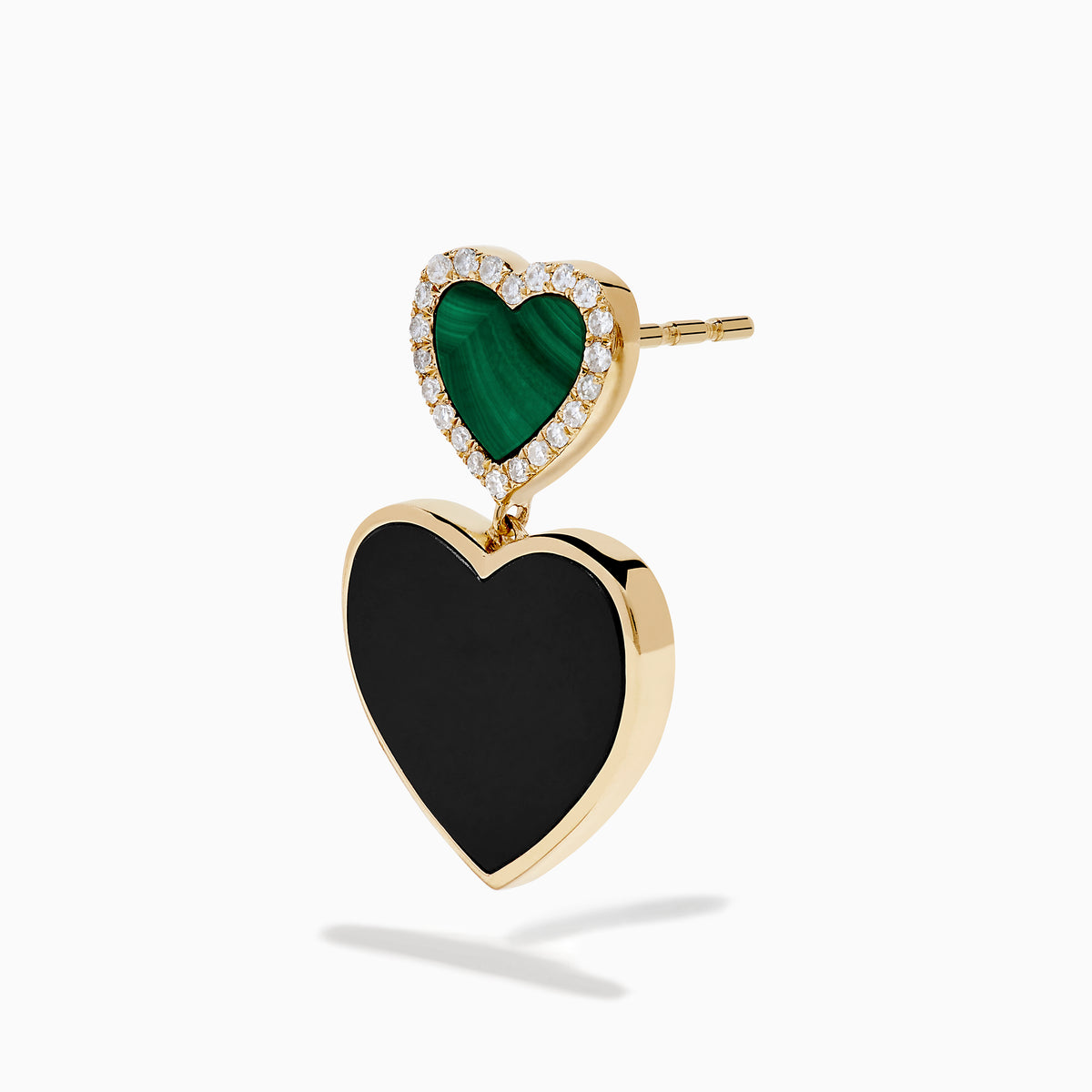 The 14K Yellow Gold Onyx, Malachite and Diamond Heart Dangle Earrings showcase small green malachite hearts with diamond accents above larger black onyx hearts, all set in elegant yellow gold.