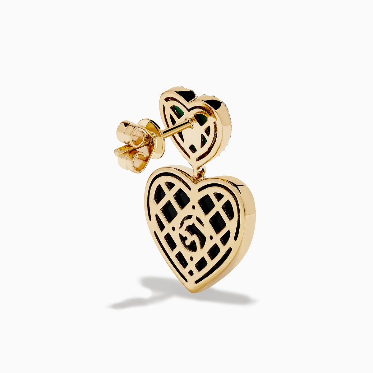 The 14K Yellow Gold Onyx, Malachite and Diamond Heart Dangle Earrings showcase small green malachite hearts with diamond accents above larger black onyx hearts, all set in elegant yellow gold.