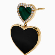The 14K Yellow Gold Onyx, Malachite and Diamond Heart Dangle Earrings showcase small green malachite hearts with diamond accents above larger black onyx hearts, all set in elegant yellow gold.