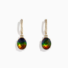 The 14K Yellow Gold Ammolite and Diamond Drop Earrings feature oval ammolite gemstones and sparkling diamonds on the hooks, shown against a white background.