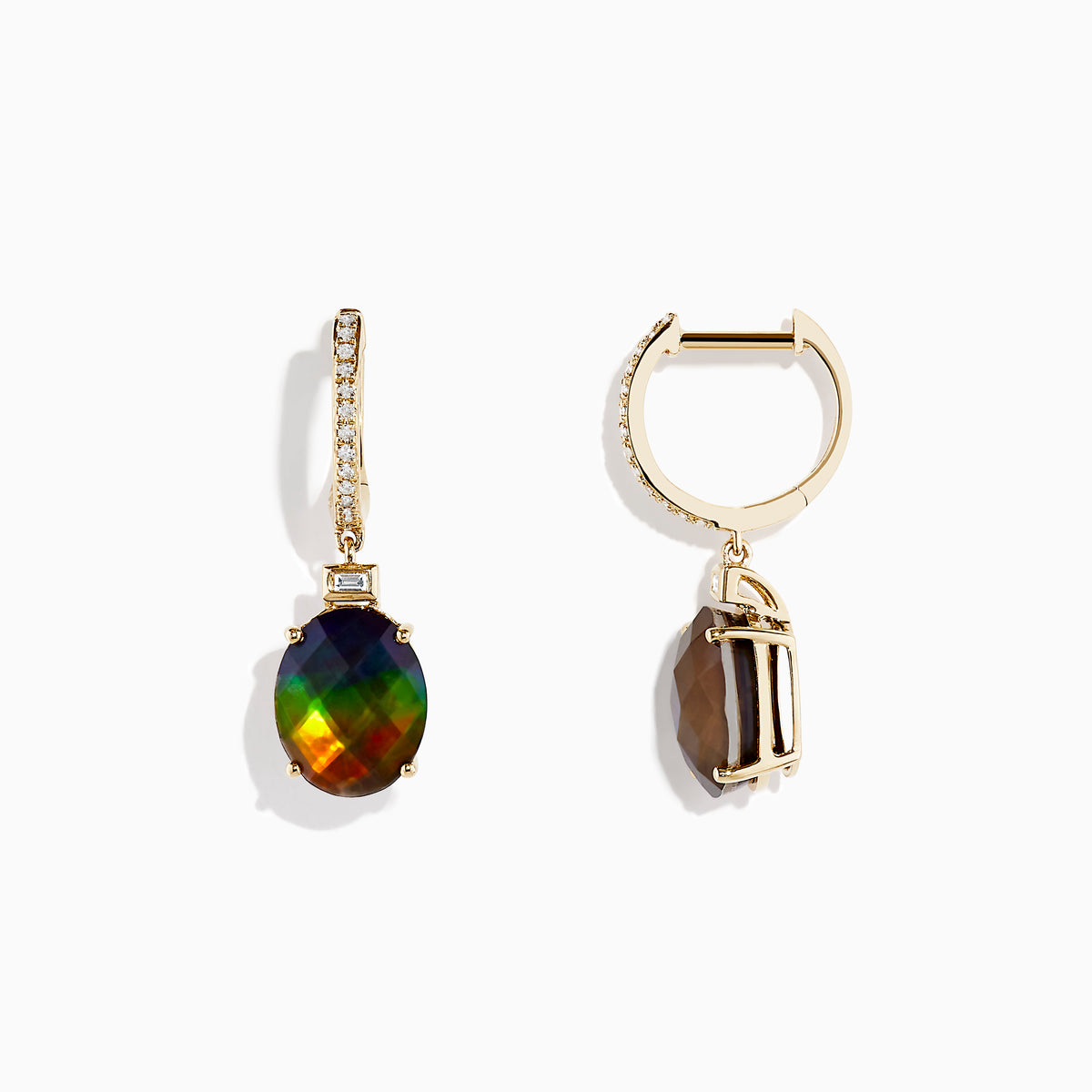 The 14K Yellow Gold Ammolite and Diamond Drop Earrings feature oval ammolite gemstones and sparkling diamonds on the hooks, shown against a white background.