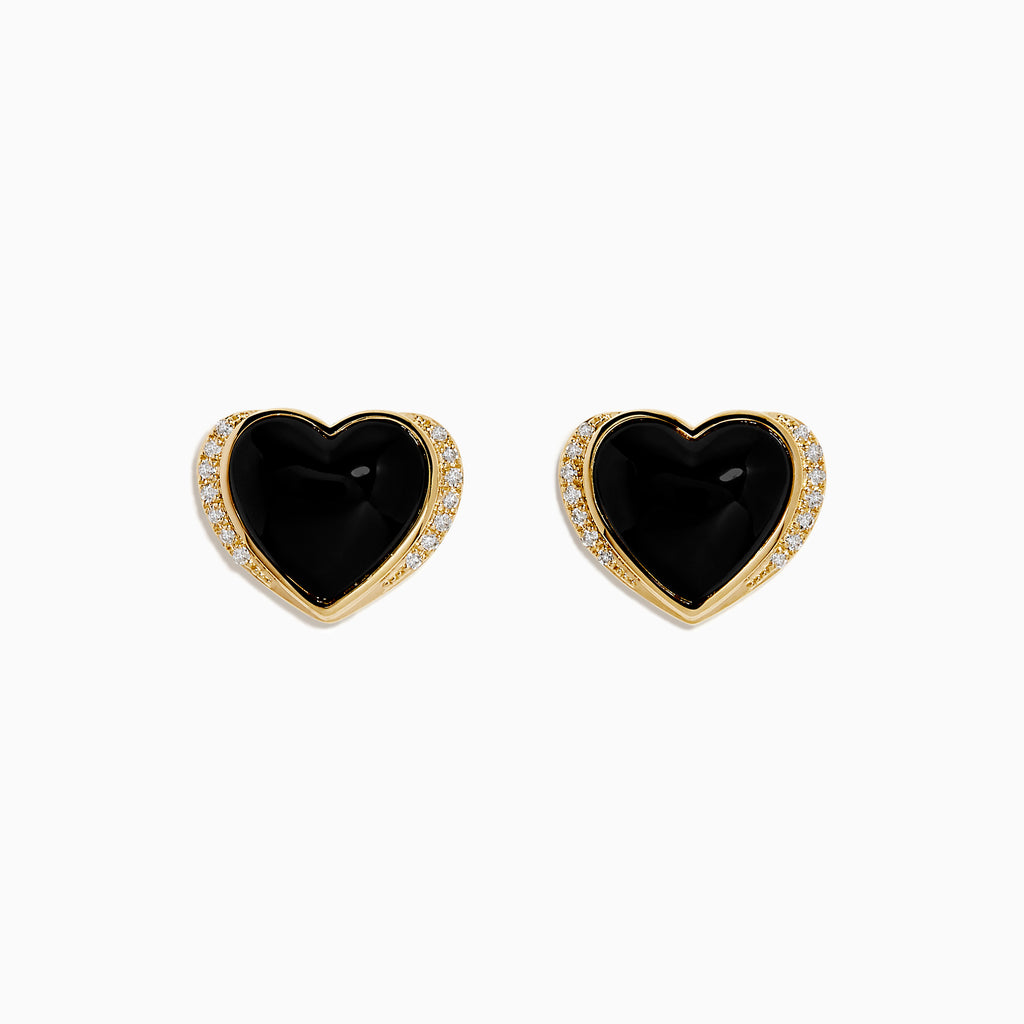 14K Yellow Gold Onyx and Diamond Heart Stud Earrings with black onyx centers and a line of sparkling diamonds along one side, shown against a white background.