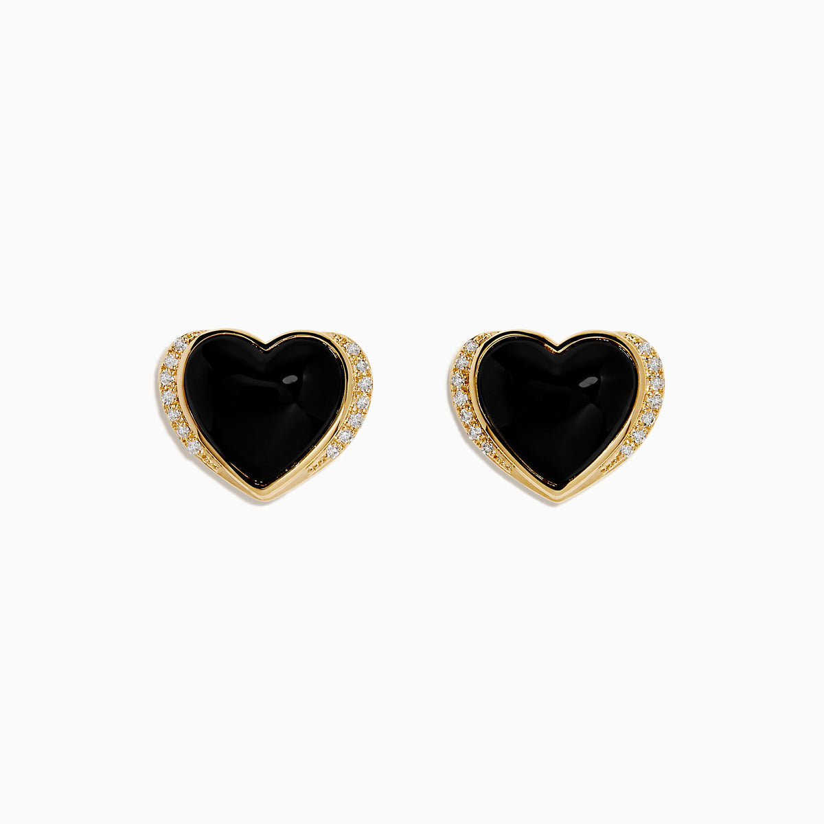 14K Yellow Gold Onyx and Diamond Heart Stud Earrings with black onyx centers and a line of sparkling diamonds along one side, shown against a white background.
