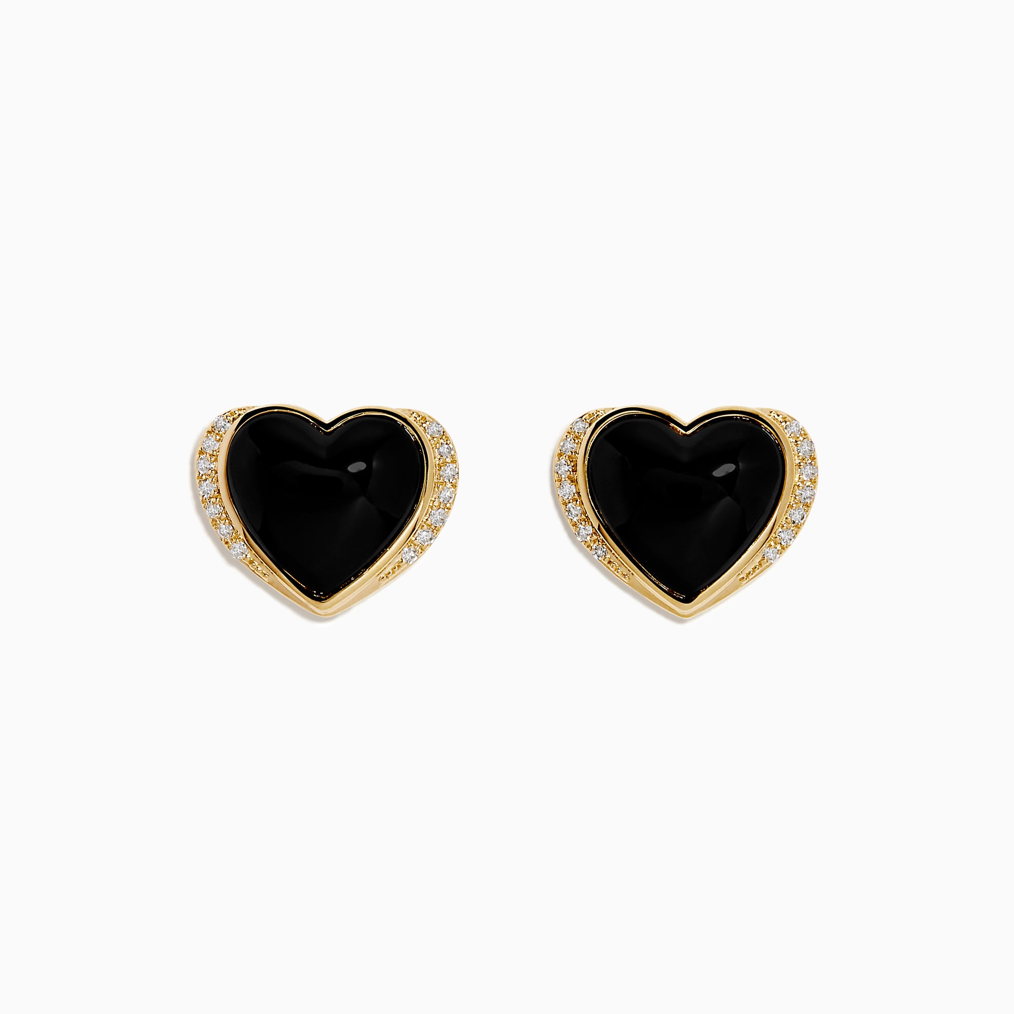 14K Yellow Gold Onyx and Diamond Heart Stud Earrings with black onyx centers and a line of sparkling diamonds along one side, shown against a white background.