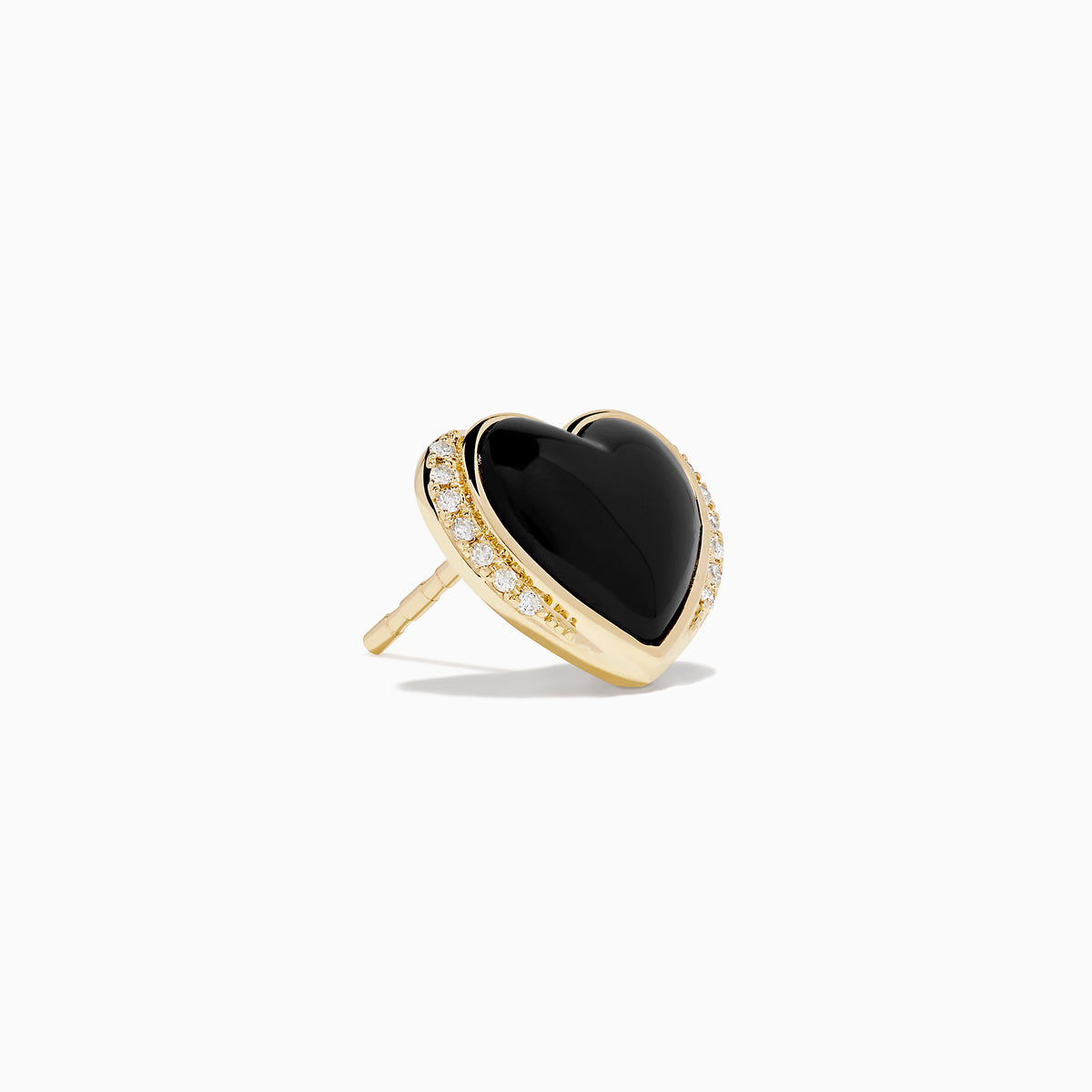 14K Yellow Gold Onyx and Diamond Heart Stud Earrings with black onyx centers and a line of sparkling diamonds along one side, shown against a white background.