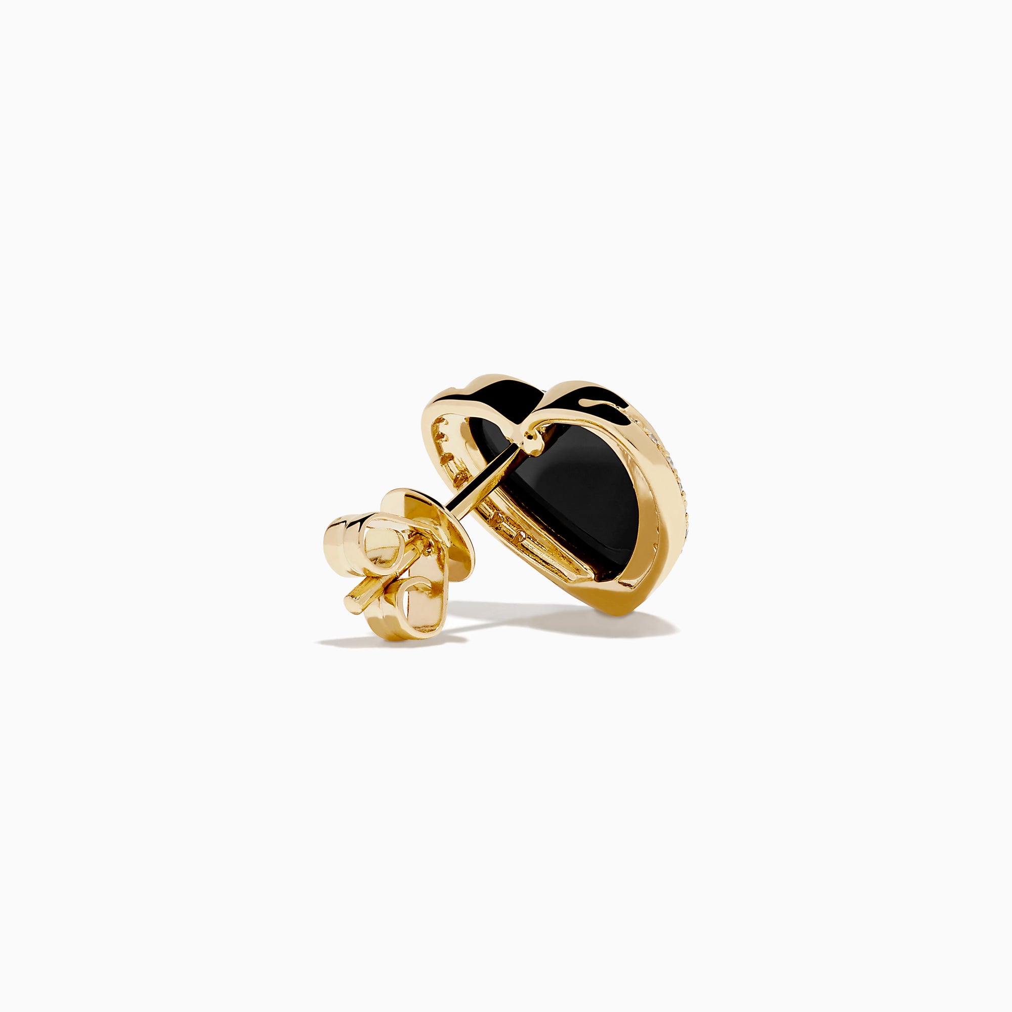 14K Yellow Gold Onyx and Diamond Heart Stud Earrings with black onyx centers and a line of sparkling diamonds along one side, shown against a white background.