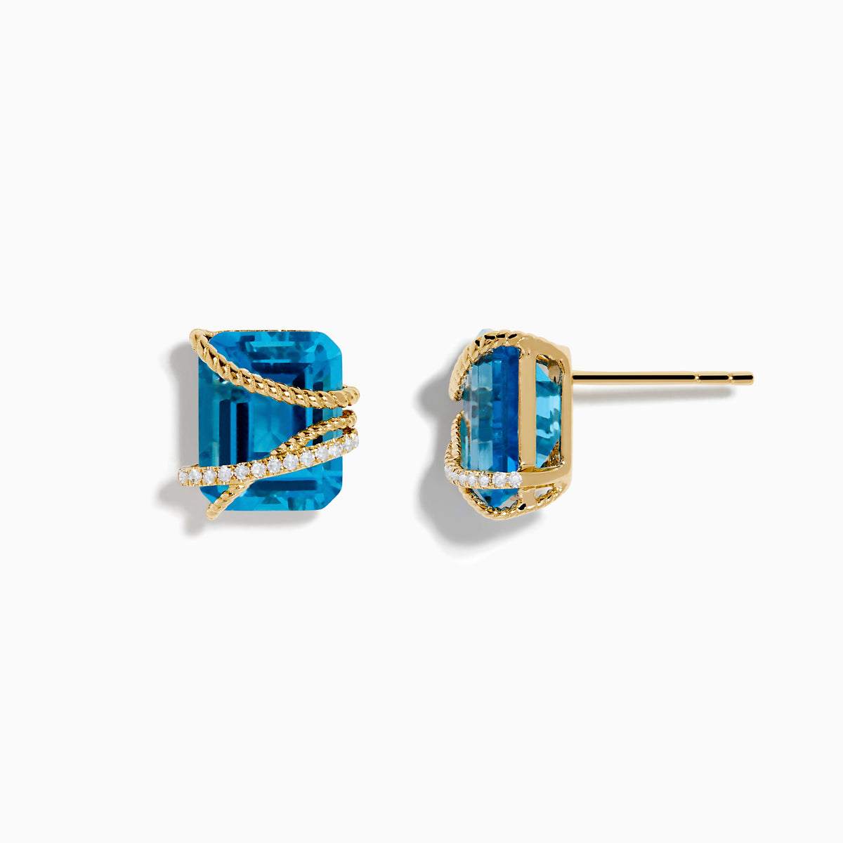 Ocean Bleu 14K Yellow Gold Blue Topaz and Diamond Earrings feature square-cut blue topaz stones with diamond-accented gold bands crisscrossing over them, shown on a plain white background.
