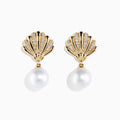 The 14K Yellow Gold Freshwater Pearl and Diamond Shell Drop Earrings feature a shell design with small diamonds and a large freshwater pearl drop, shown against a white background.