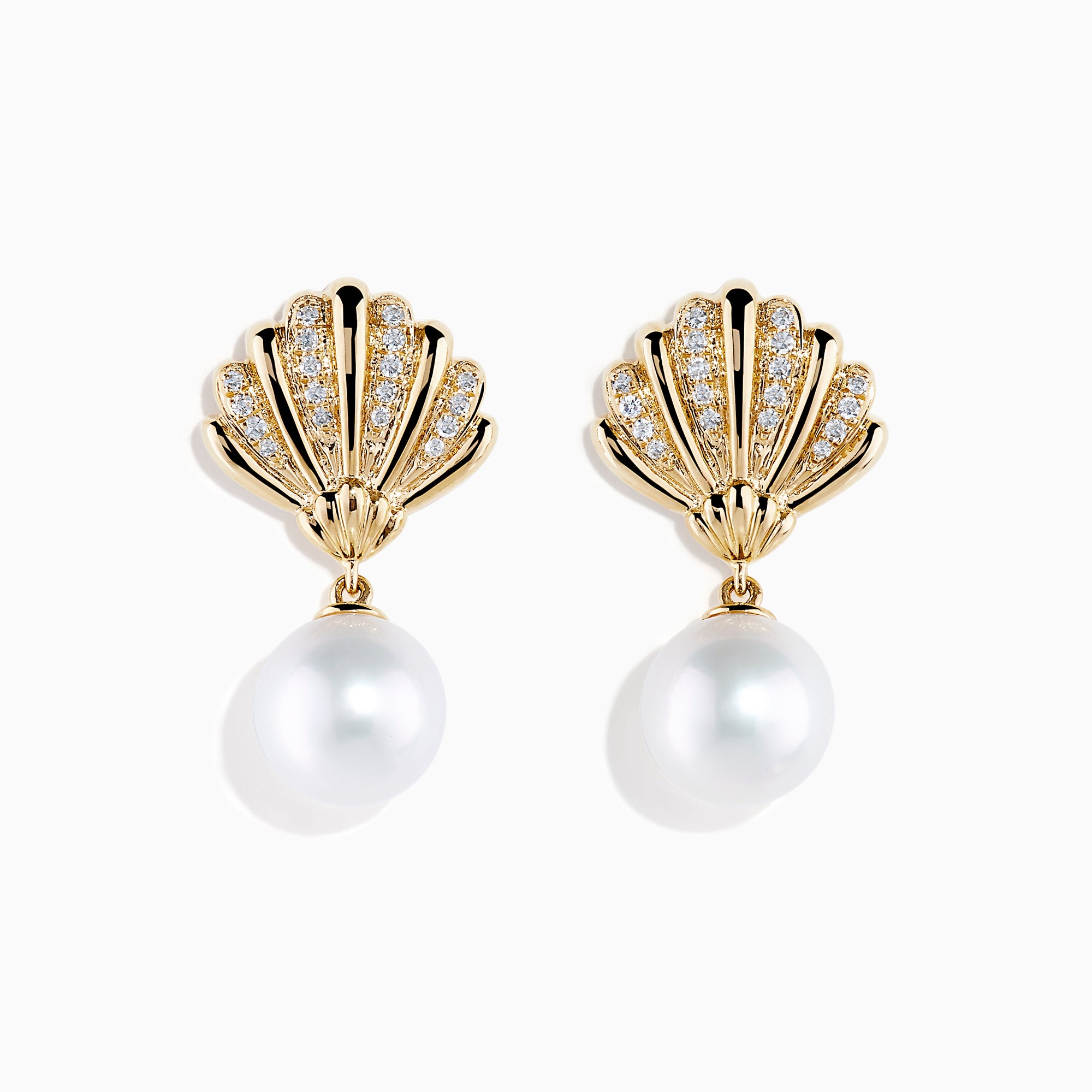 The 14K Yellow Gold Freshwater Pearl and Diamond Shell Drop Earrings feature a shell design with small diamonds and a large freshwater pearl drop, shown against a white background.