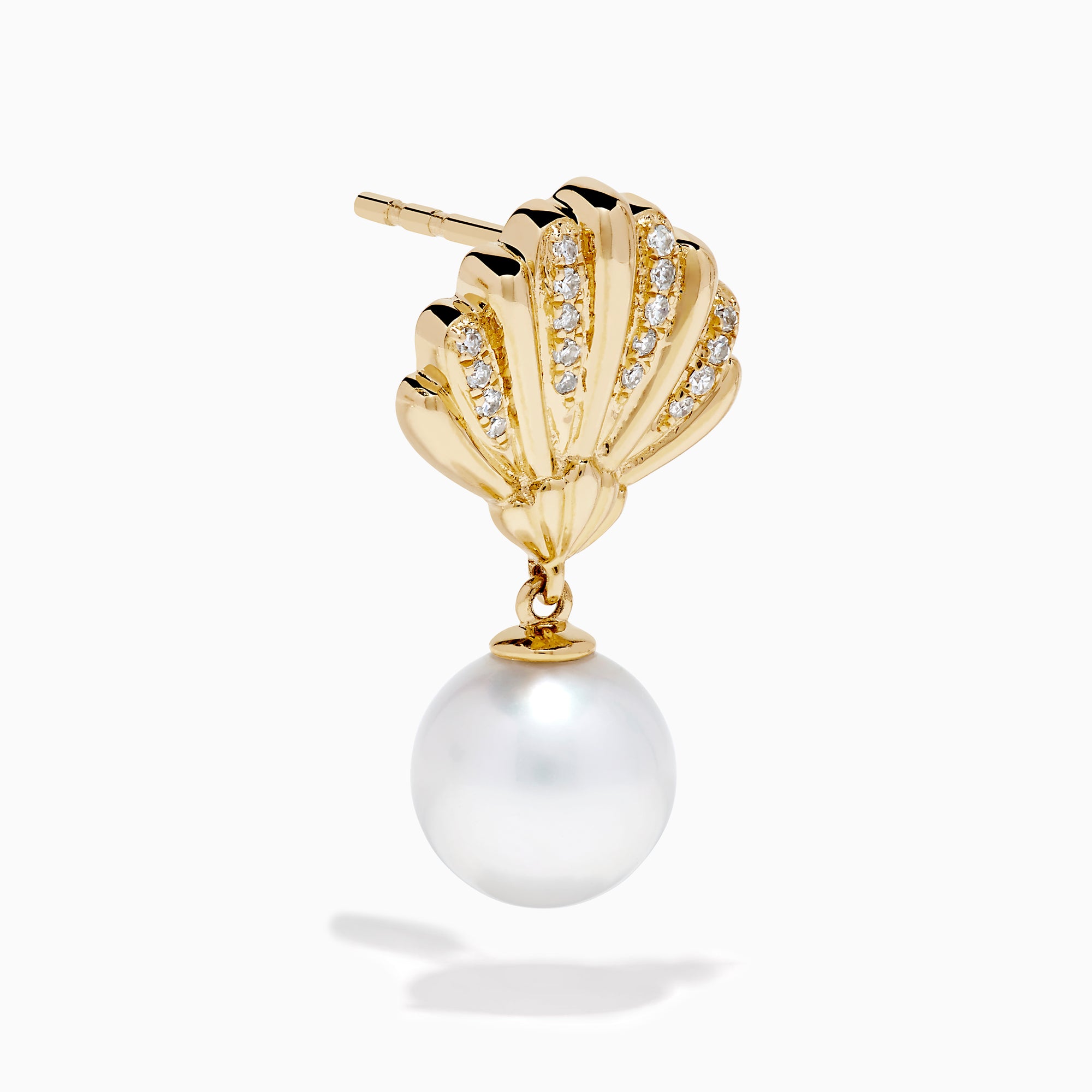The 14K Yellow Gold Freshwater Pearl and Diamond Shell Drop Earrings feature a shell design with small diamonds and a large freshwater pearl drop, shown against a white background.
